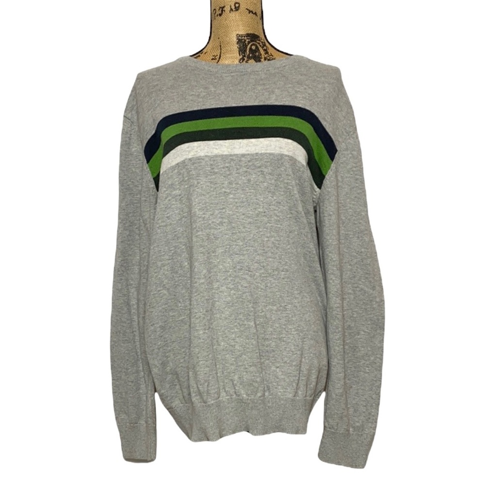 Grey Knit Striped Crew Neck Pullover Sweater L